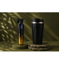 Набір 2в1: Електрична машинка для стрижки волосся HOCO HP27 Engraving Hair Clipper Gold + термочашка Cofee 510 мл (чорна)
