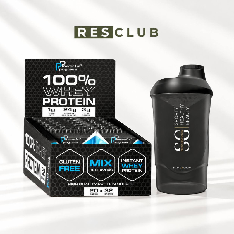 Набір Powerful Progress 100% Whey Protein — МІКС 8 СМАКІВ (20 × 32 г) + шейкер 600 мл.