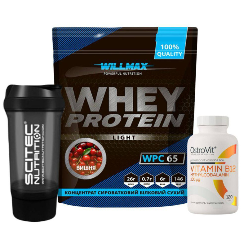WHEY BALANCE CHERRY (набір 3 в 1): протеїн whey вишня + вітамін B12 + шейкер